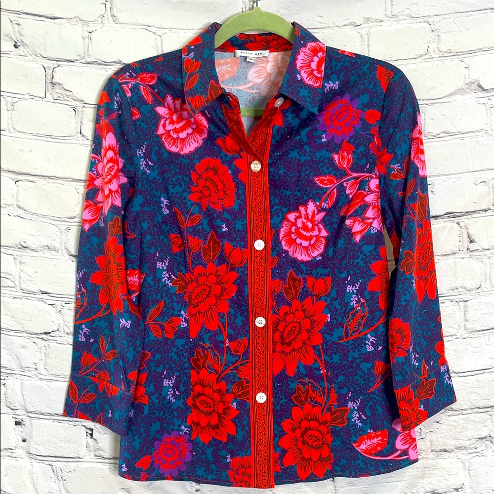 PATTY KIM Red Blue Floral Button-Down Long Sleeve Shirt Size 8